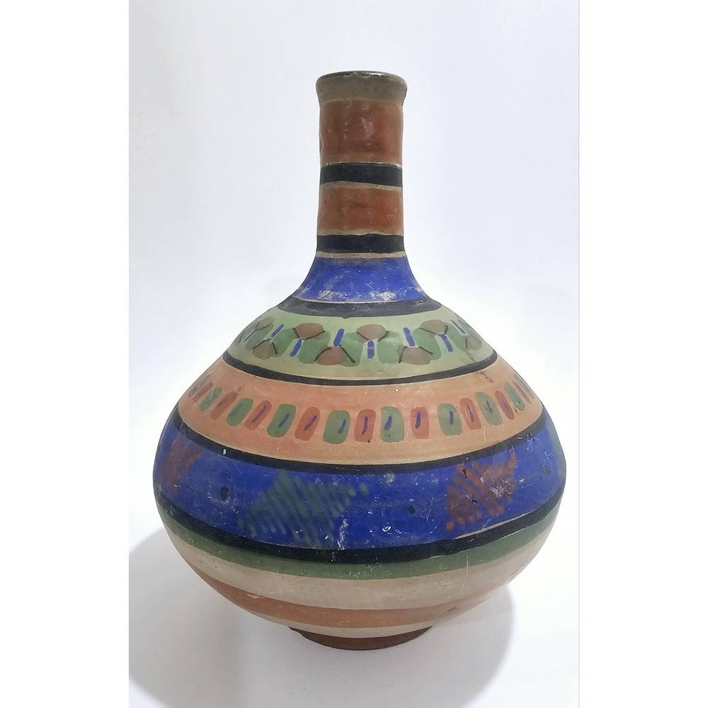 Vintage‎ Tonala Mexican Folk Art Hand Thrown Pottery Long Neck Vase 11"